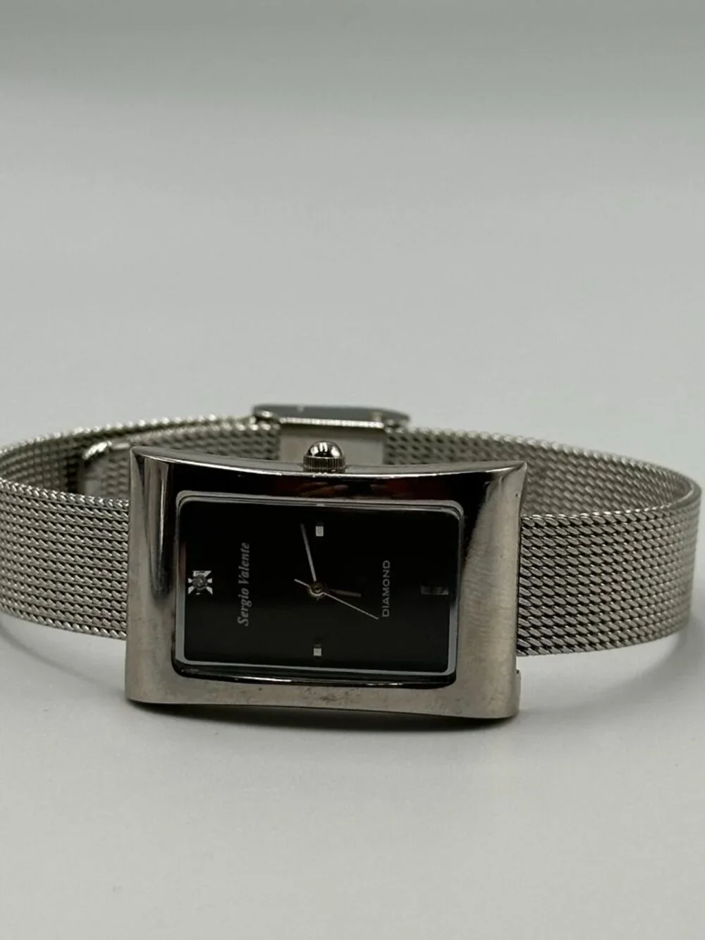 3/$30 Sergio Valente Watch Women Silver Tone Black Dial Mesh Band 8.5 Inch